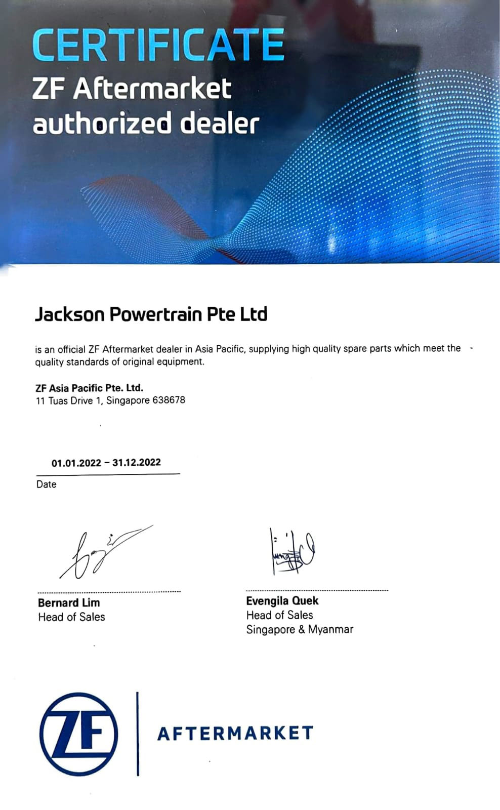Certificate issued to Jackson Powertrain as official ZF Aftermarket Dealer