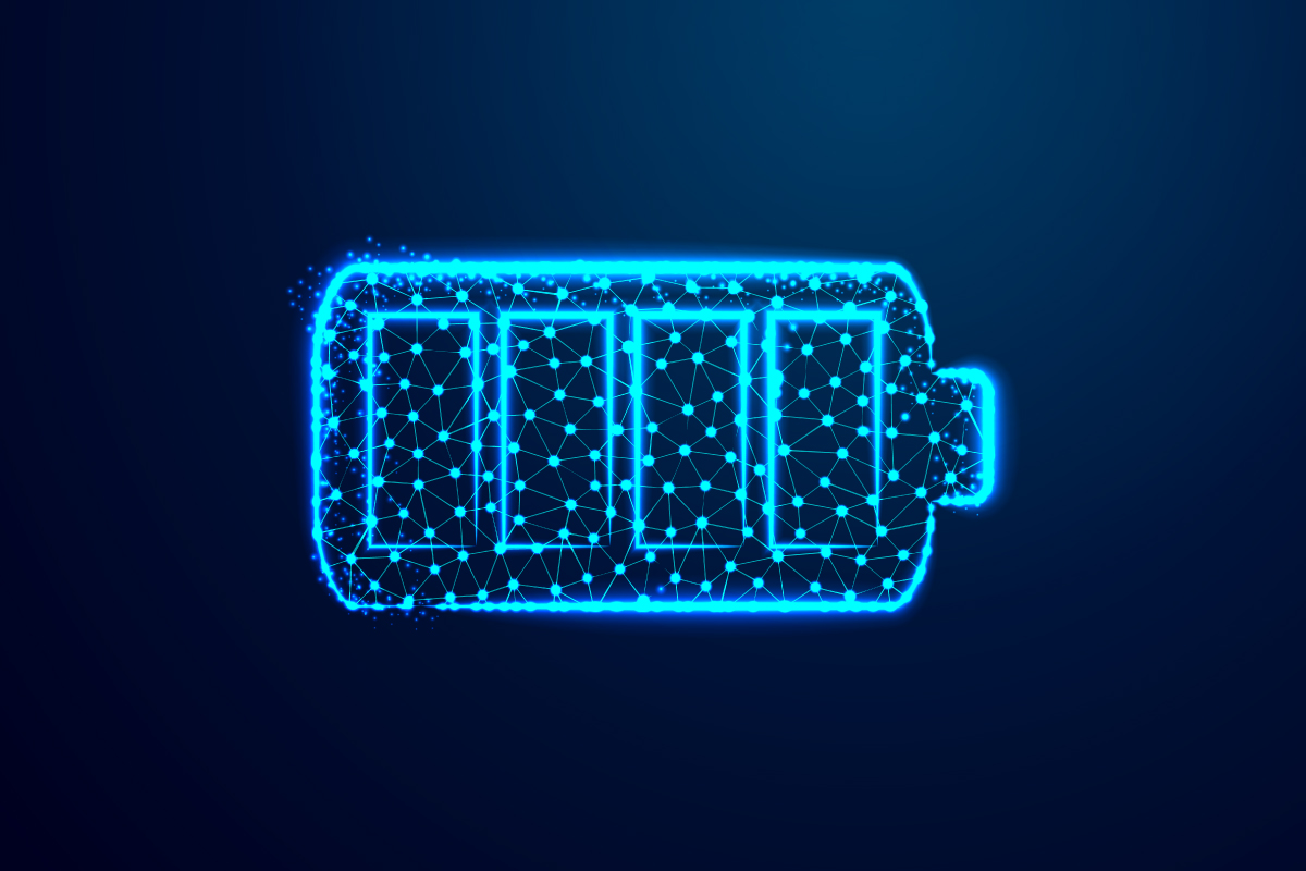 A blue battery icon on a dark background representing a hybrid car battery while charging