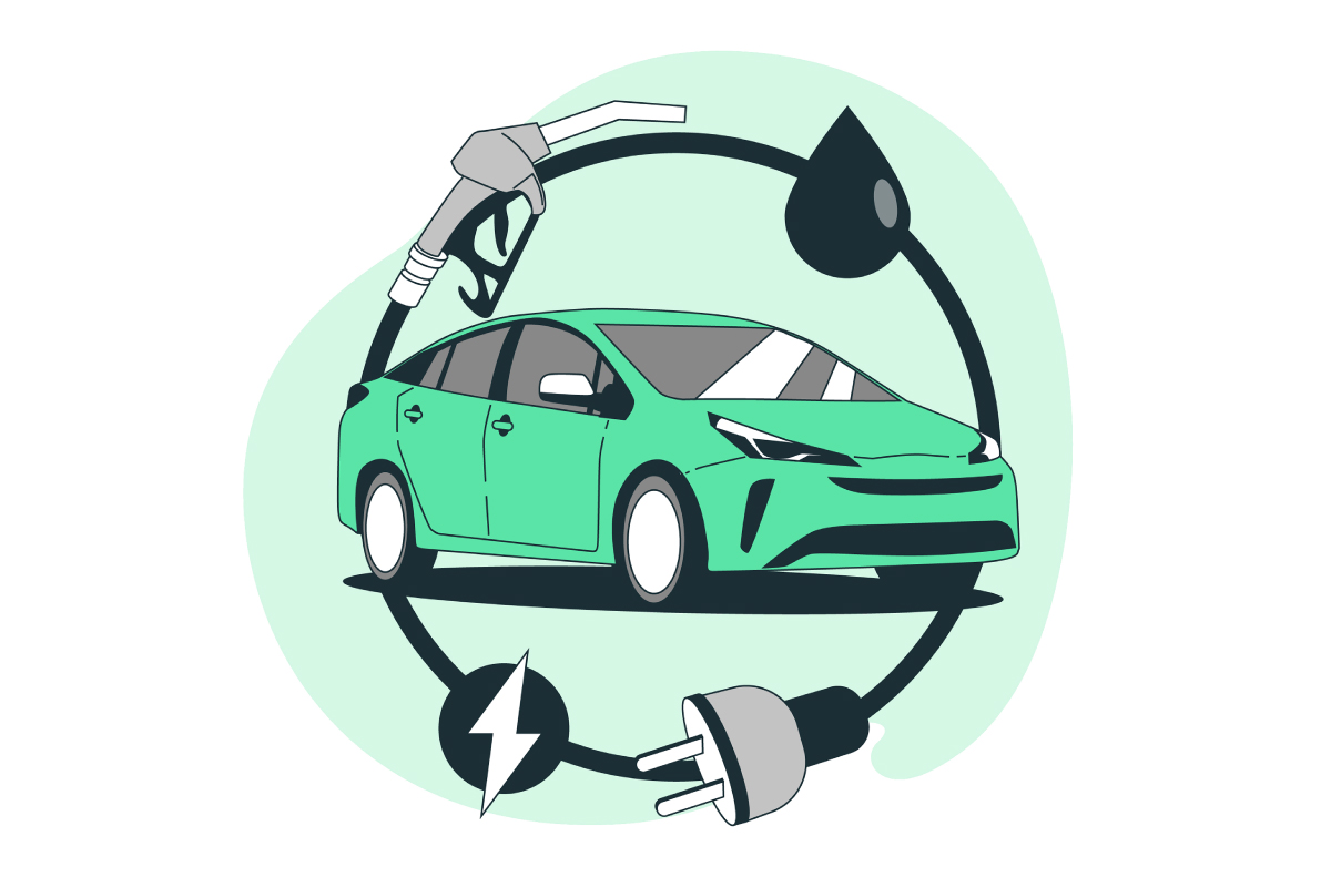 A green Toyota Prius car alternating power between a hybrid battery and petrol fuel